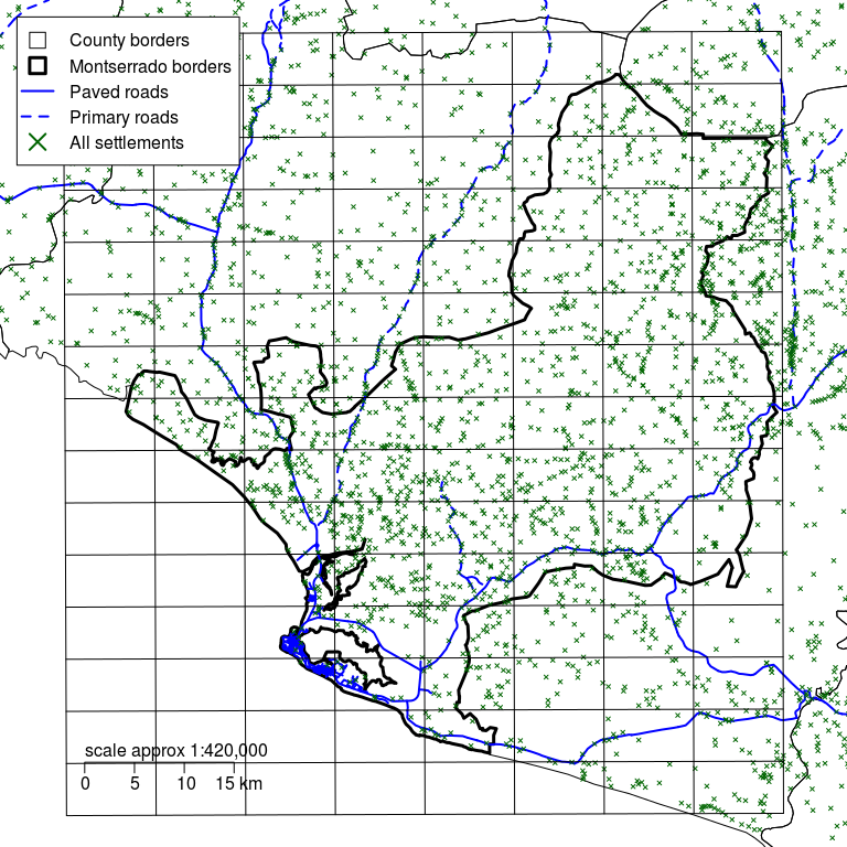 Montserrado county with a rectangular grid defined by d of 6 km