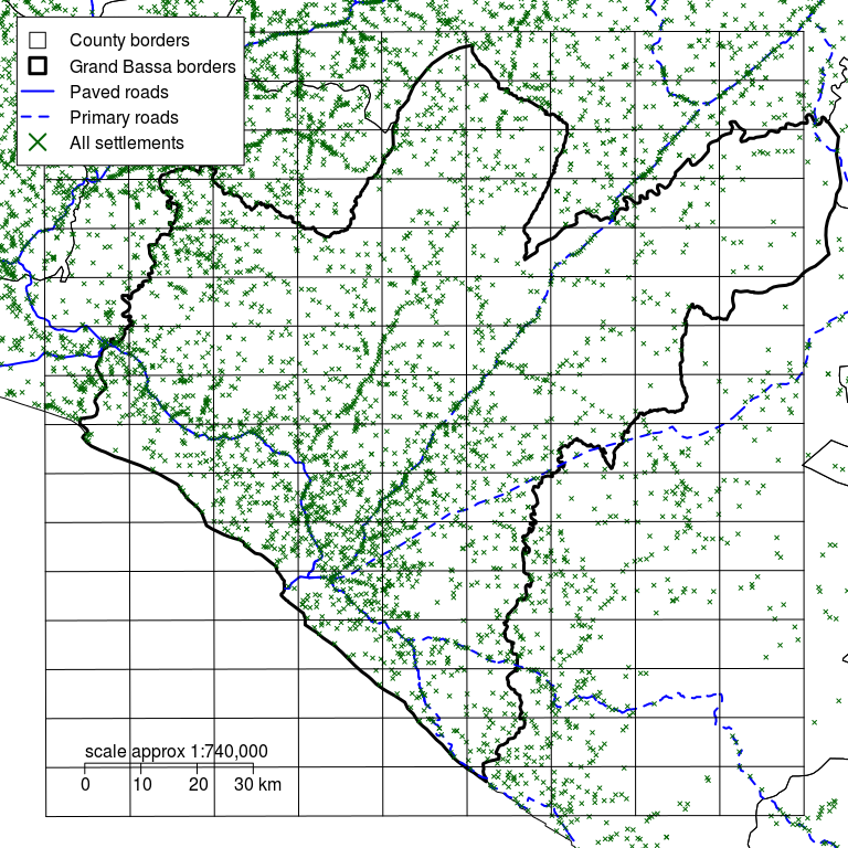 Grand Bassa county with a rectangular grid defined by d of 10 km