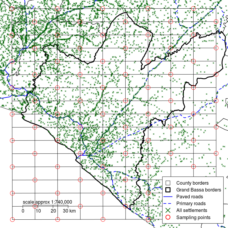 Grand Bassa county with a rectangular grid defined by d of 10 km and alternating intersections of the grid used to identify sampling points