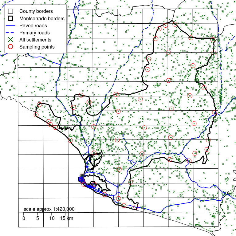 Montserrado county with a rectangular grid defined by d of 6 km and sampling points moved to the nearest communities