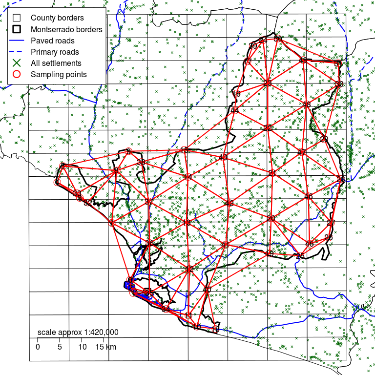 Montserrado county with a rectangular grid defined by d of 6 km and sampling points moved to the nearest communities showing test triangulation