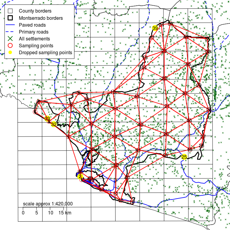 Montserrado county with a rectangular grid defined by d of 6 km and sampling points moved to the nearest communities showing updated triangulation