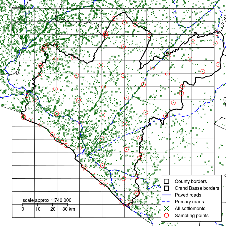 Grand Bassa county with a rectangular grid defined by d of 10 km and sampling points moved to the nearest communities