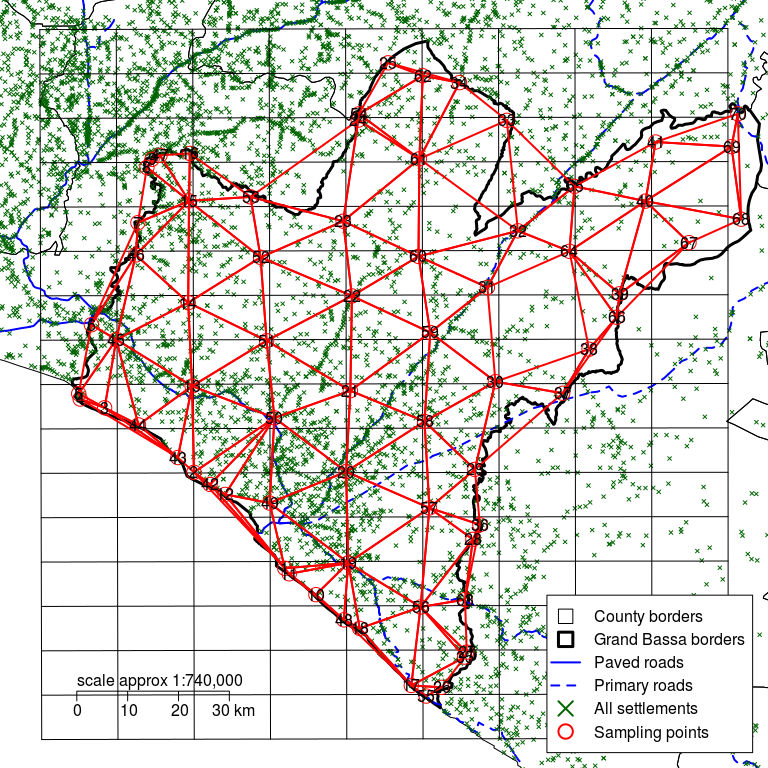 Grand Bassa county with a rectangular grid defined by d of 10 km and sampling points moved to the nearest communities showing test triangulation