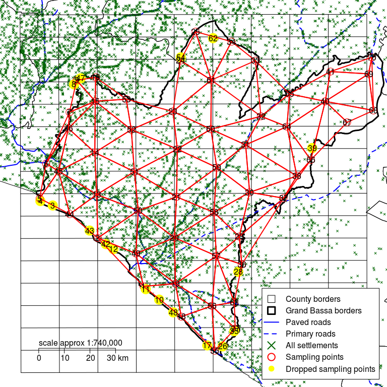 Grand Bassa county with a rectangular grid defined by d of 10 km and sampling points moved to the nearest communities showing updated triangulation