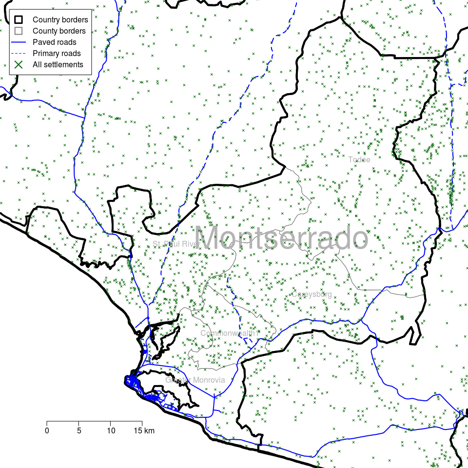 Large scale map of Montserrado county in Liberia showing all districts, roads and all settlements (towns, villages)