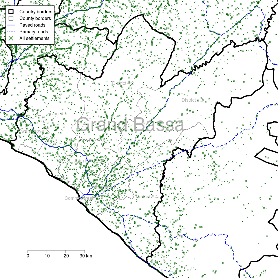 Large scale map of Grand Bassa county in Liberia showing all districts, roads and all settlements (towns, villages)