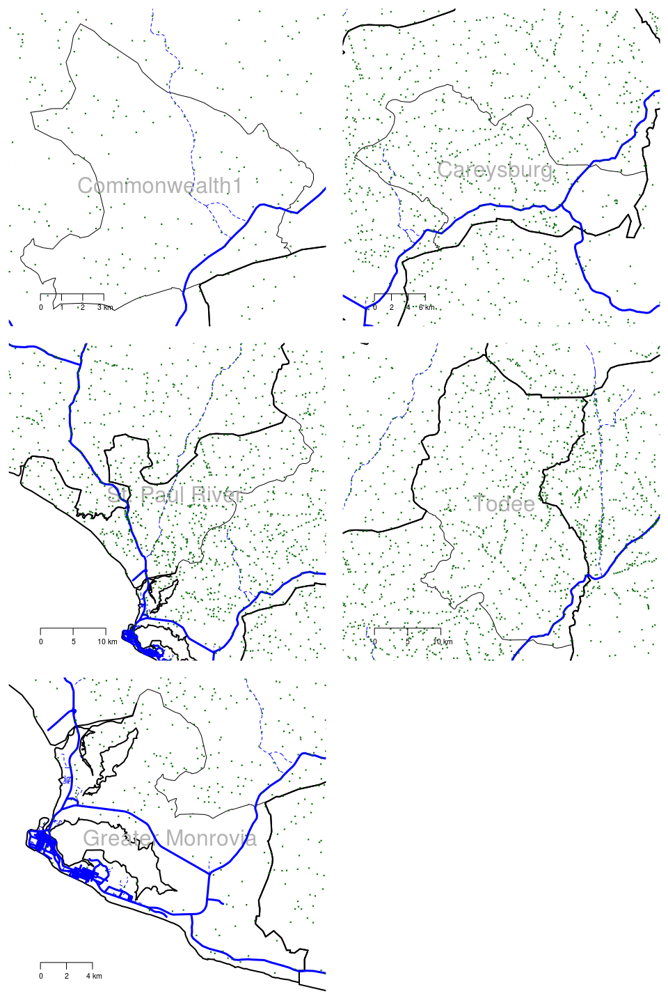 Large scale maps of 5 districts of Montserrado county in Liberia showing roads and all settlements (towns, villages)