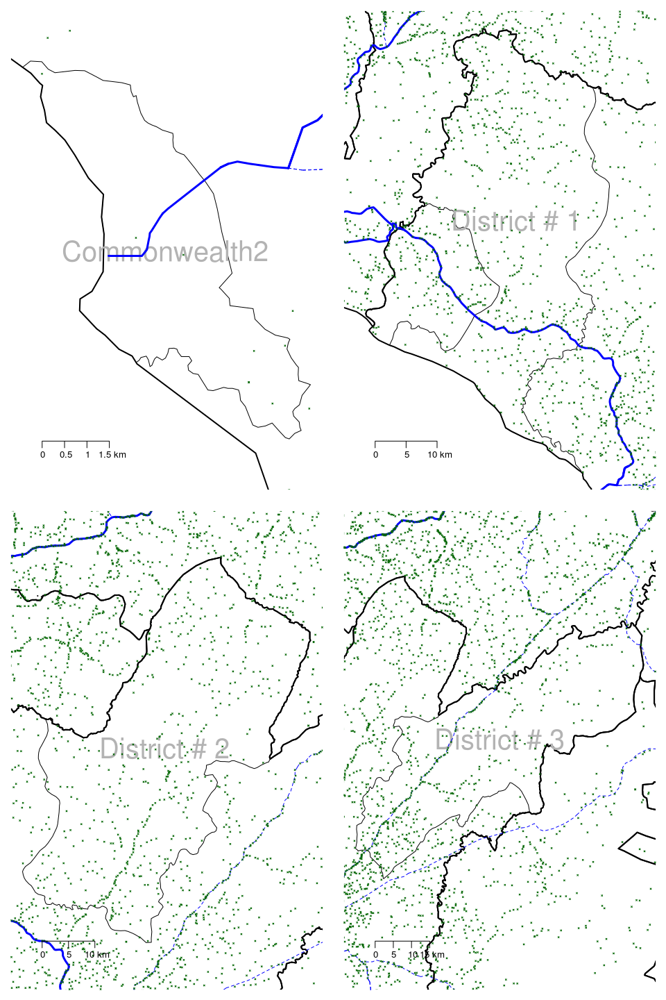 Large scale maps of 8 districts of Grand Bassa county in Liberia showing roads and all settlements (towns, villages)