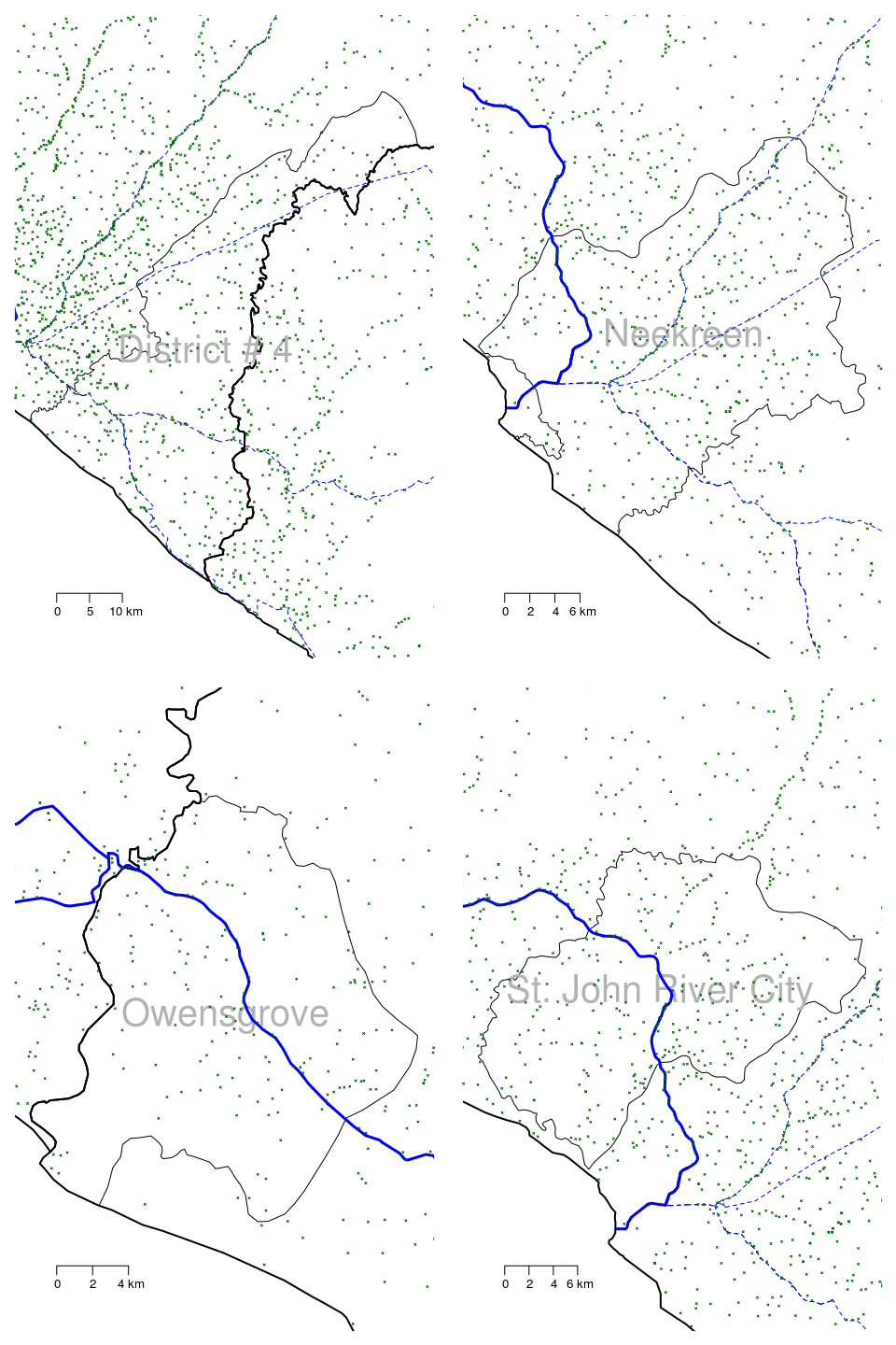 Large scale maps of 8 districts of Grand Bassa county in Liberia showing roads and all settlements (towns, villages) continued