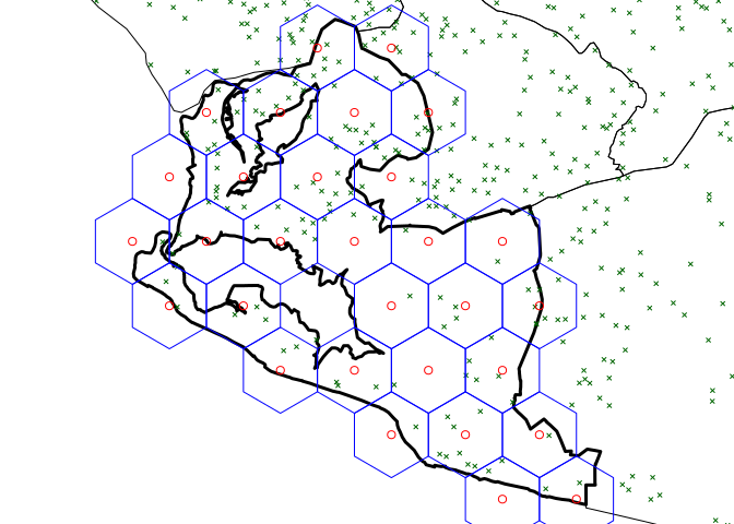 Thirty hexagonal grids laid on the  map of Greater Monrovia District