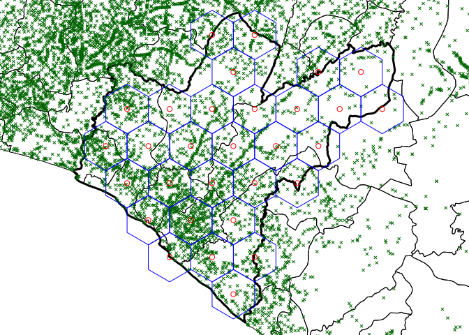 Thirty hexagonal grids laid on the  map of Grand Bassa County