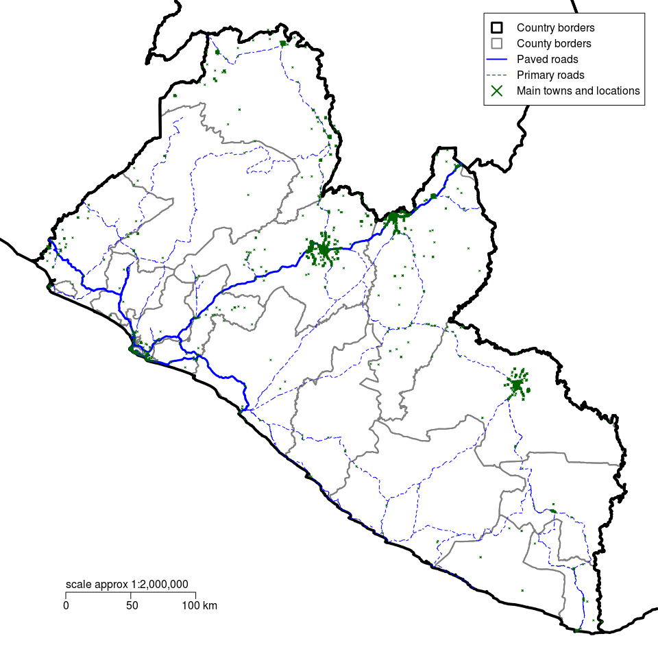 Small scale map of Liberia showing counties, roads and points of interest