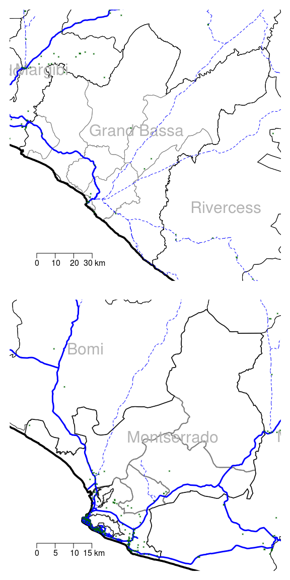 Small scale map of Montserrado and Grand Bassa in Liberia showing all districts, roads and points of interest