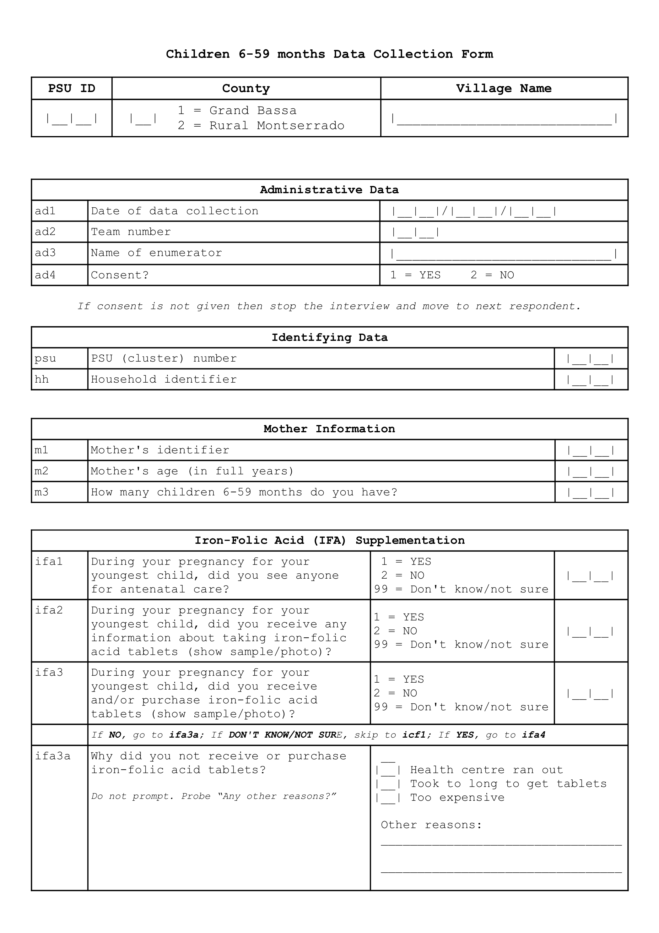 Children 6-59 months old and their mothers survey sample/template form