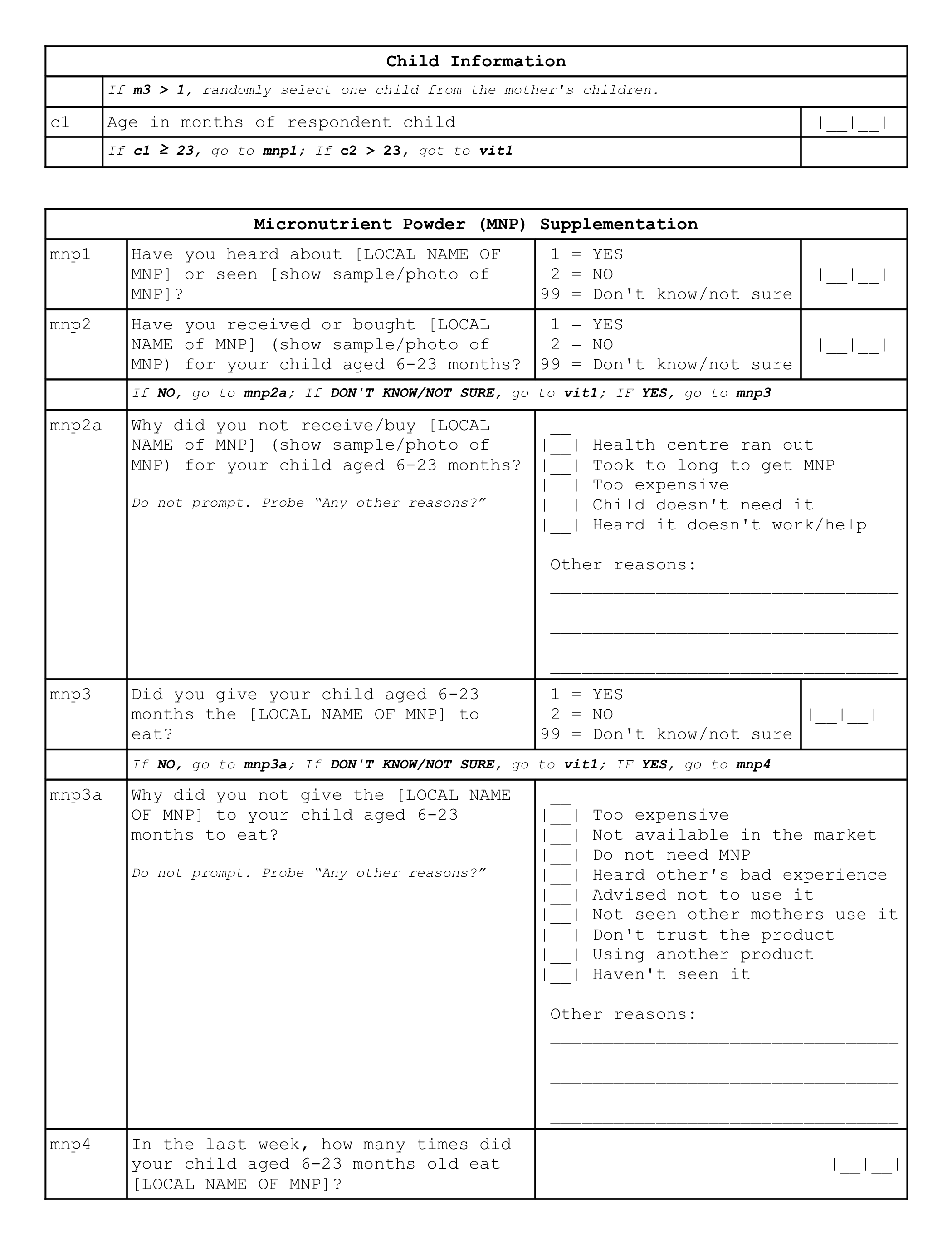 Children 6-59 months old and their mothers survey sample/template form