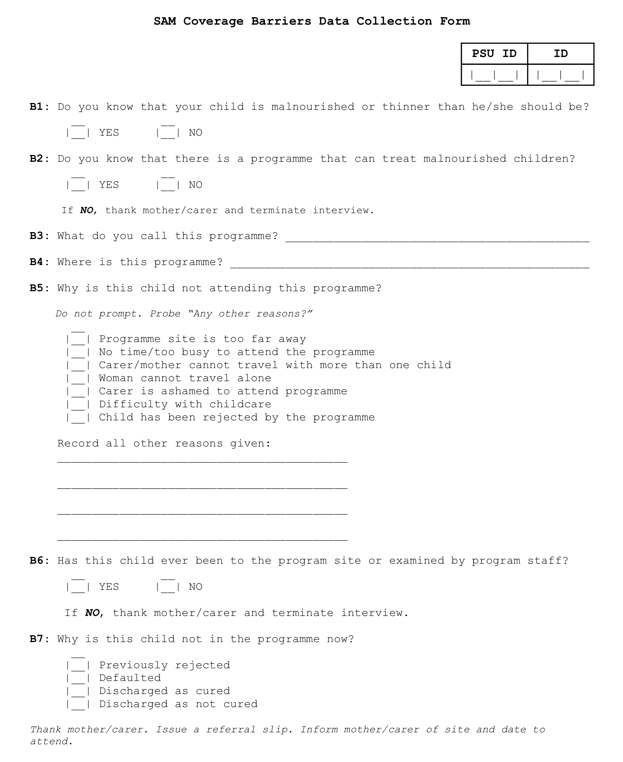 SAM coverage barriers survey sample/template form